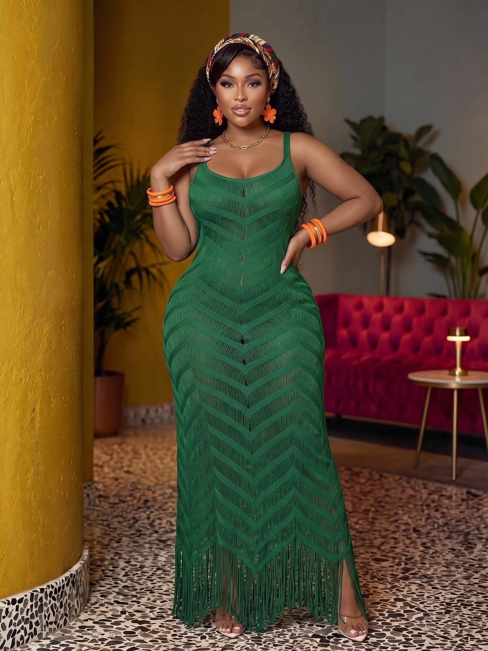 Emerald Green Sleeveless Fringe Maxi Dress for Women